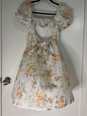 Altar'd State White Floral Tie-Back Puff Sleeve Dress